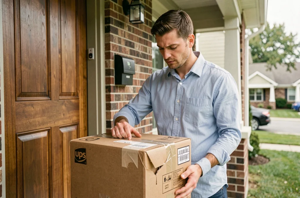 Homme inspectant un colis UPS endommagé sur le seuil de sa porte avant de déposer une réclamation
