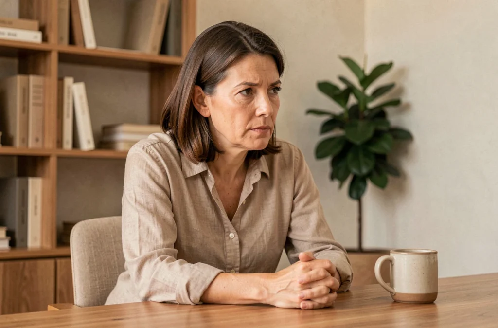 Femme en consultation psychologique évoquant ses rêves anxieux avec une expression de réflexion et de prise de recul