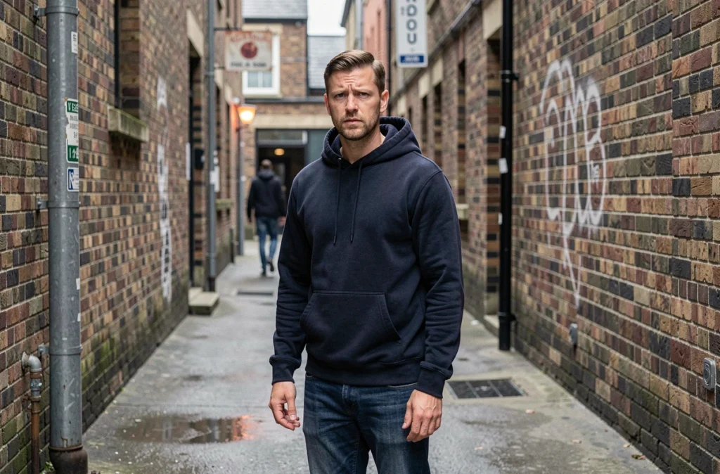 Homme dans une ruelle urbaine avec une expression d'anxiété et de vigilance, illustrant la sensation de menace perçue dans un rêve