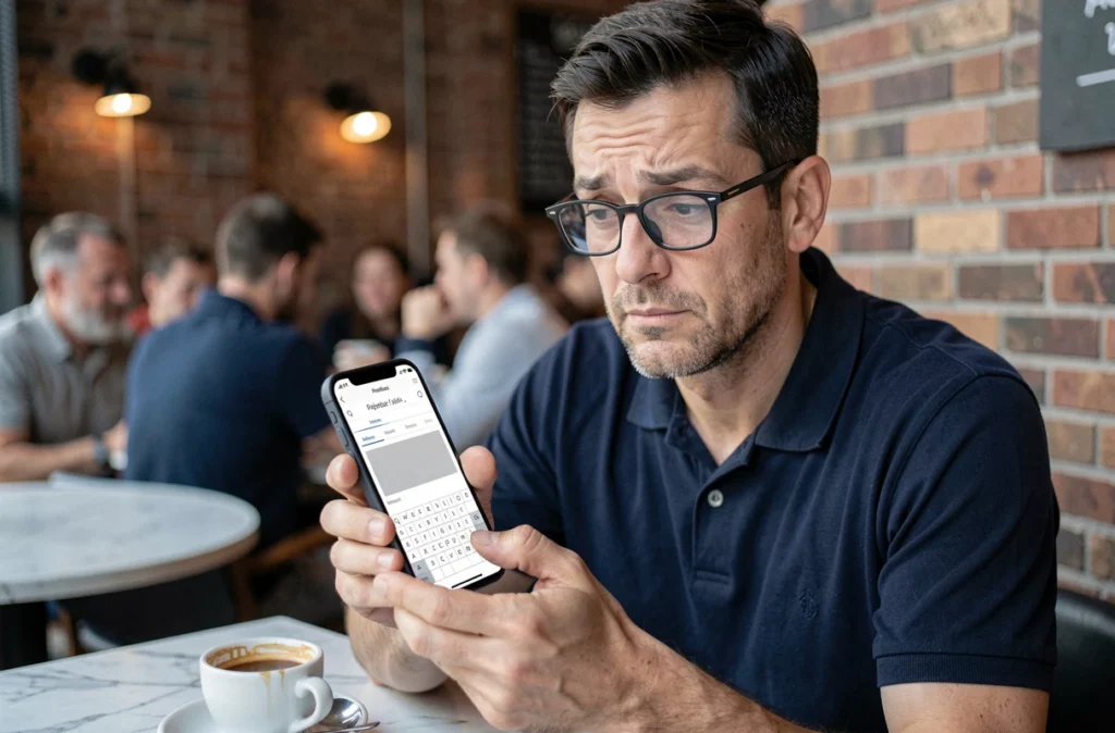 Homme perplexe tenant un smartphone avec une application de mots croisés bloquée dans un café