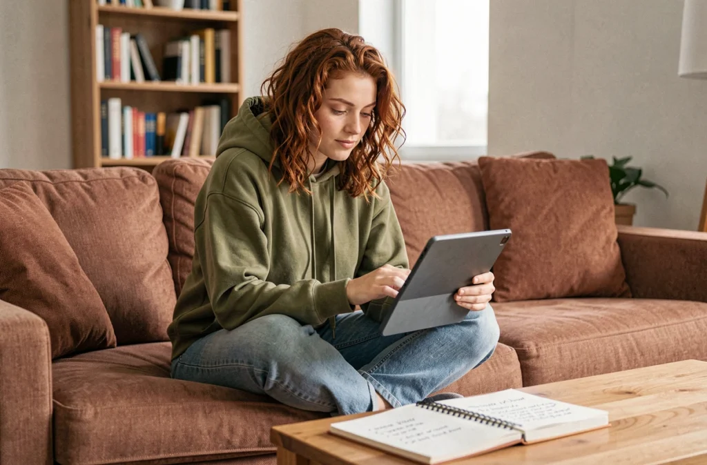 Jeune femme cherchant des alternatives au mot de passe Codycross sur une tablette dans son salon