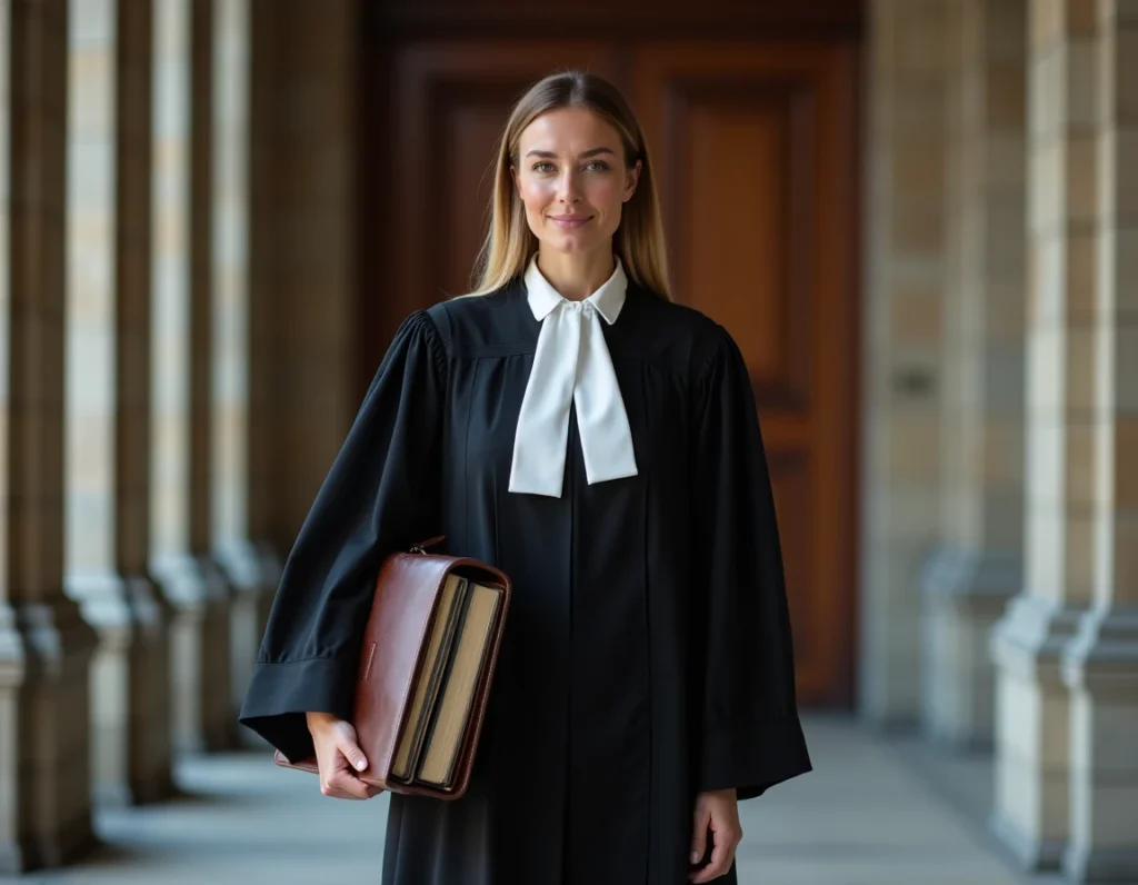 Avocate généraliste au barreau de Brest en robe noire devant le palais de justice