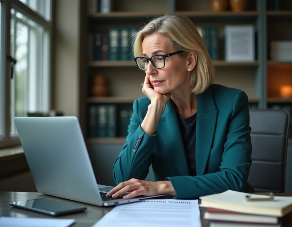 Avocate spécialisée en droit de la consommation et droit numérique devant son bureau équipé à Brest