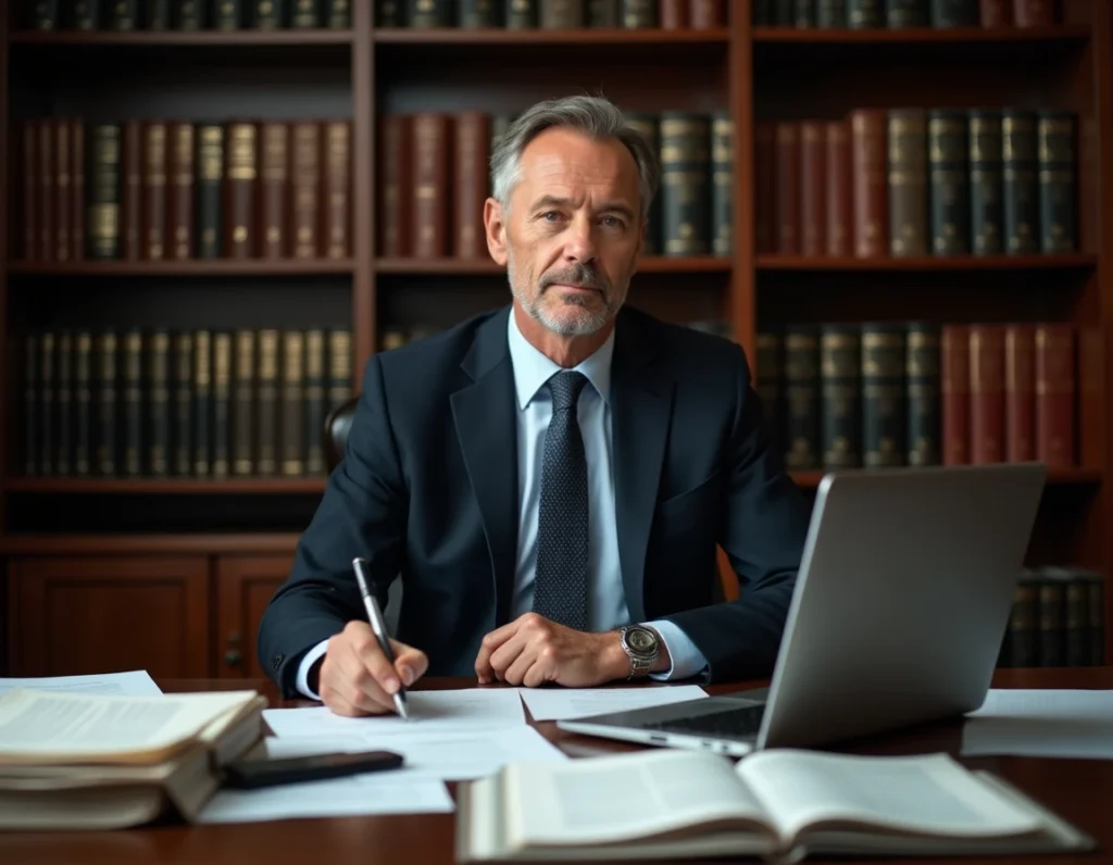 Avocat expert en droit administratif assis à son bureau chargé de dossiers juridiques à Brest