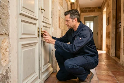 Serrurier professionnel examinant une serrure sur une porte d'appartement à Aix-en-Provence