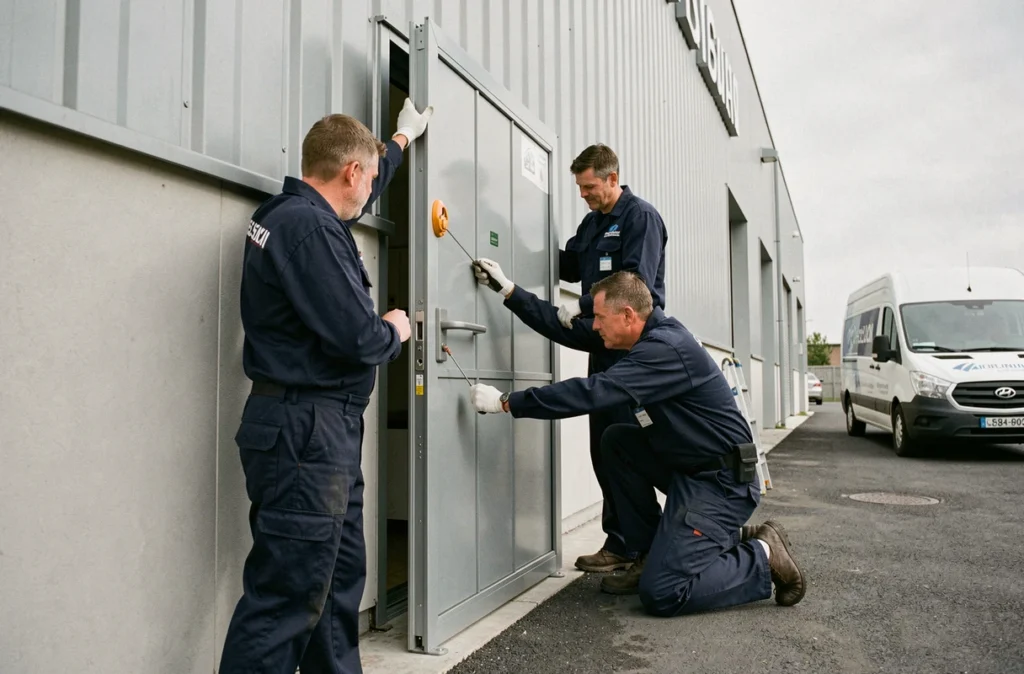 Équipe de Nouvelle SMTB Groupe BTGO installant une porte sécurisée dans un local commercial en zone industrielle