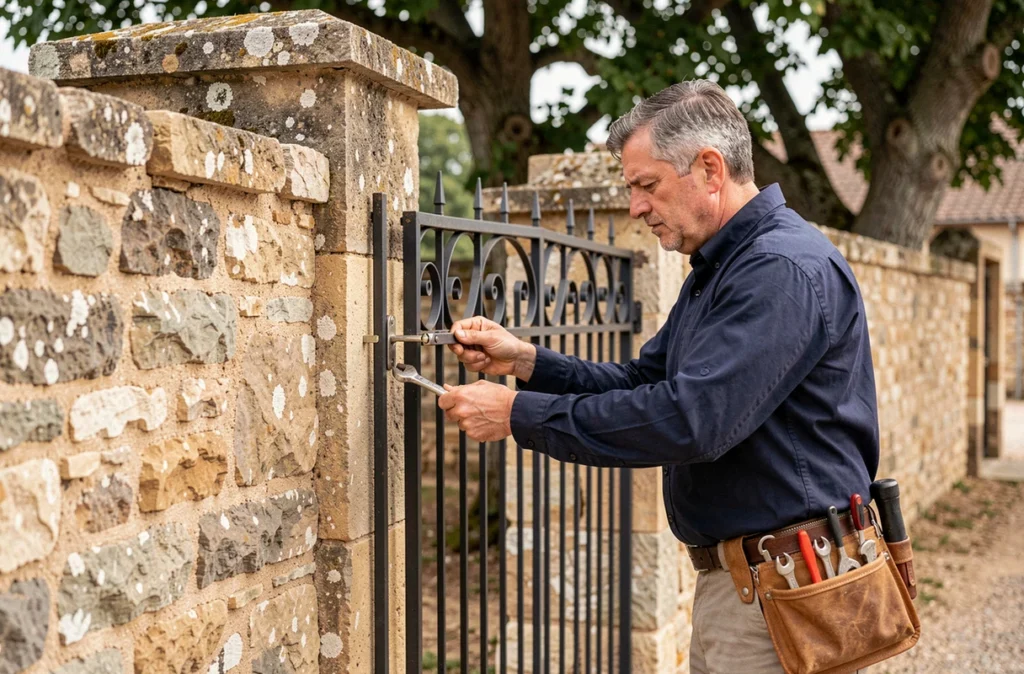 Artisan de Serrurerie Métallerie Malaville posant et testant un portail en fer forgé devant une propriété en pierre