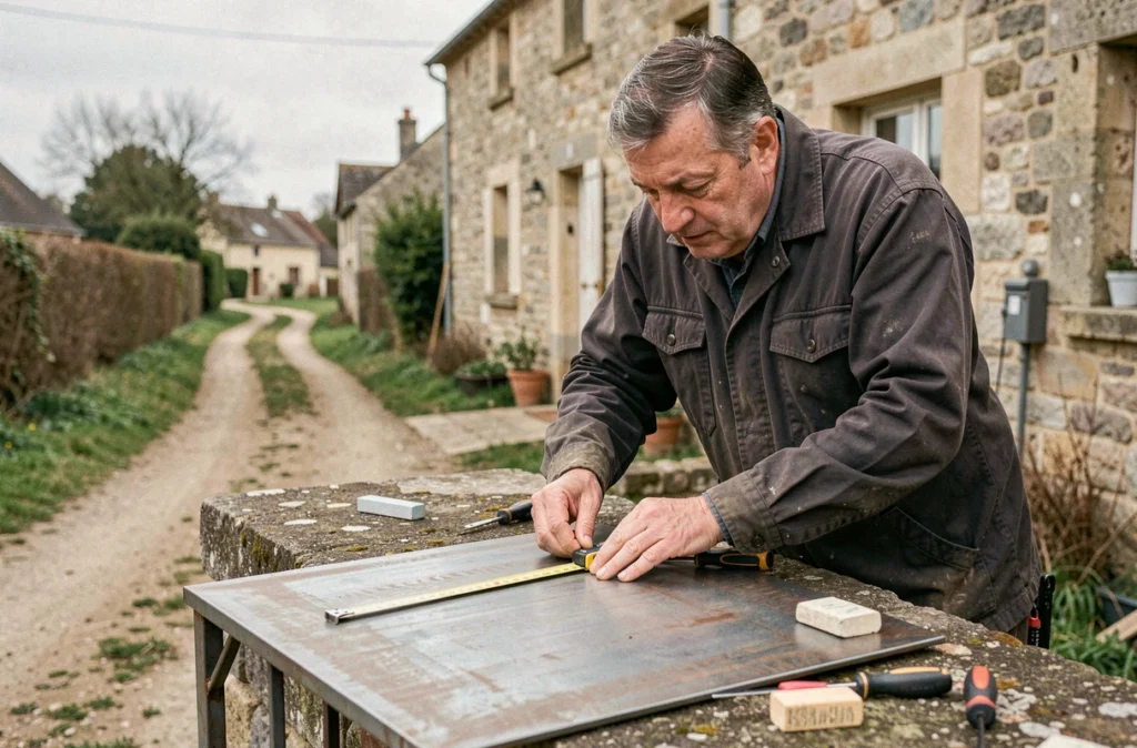 Spécialiste de Serrurerie Métallerie Saint-Gourson mesurant un panneau acier pour un portail sur mesure