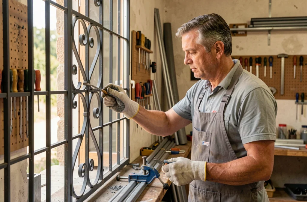 Artisan métallier de Serrurerie Métallerie Suaux façonnant une grille en fer forgé dans son atelier rural