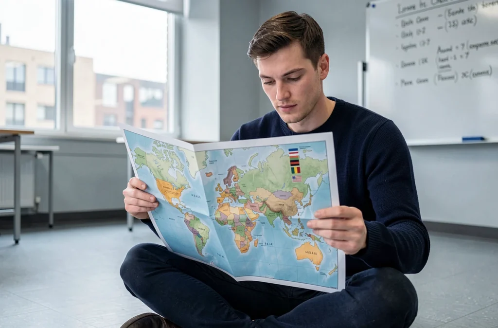 Homme tenant une carte du monde imprimée avec les drapeaux de chaque pays dans une salle de classe moderne